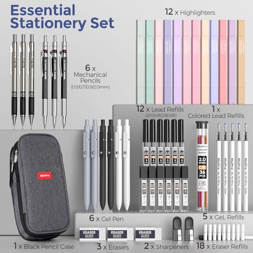 Nicpro 50 PCS School Supplies Stationary Set with Pencil Case - 6 Gel Pens & Refills, 12 Highlighters, 6 Art Mechanical Pencil Set, 12 Tube lead Refills for College Essentials Office Stationery -Black - color: Black, size: 50 PCS