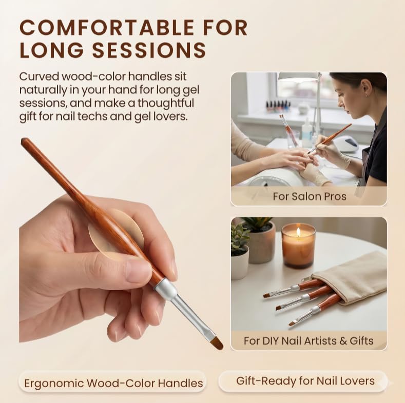 3PCS Nail Art Clean Up Brushes, Round/Angled/flat Acetone Resistant Gel Nail Polish Remover Brush, Nail Brushes for Tidying Up Polish Mishaps on Cuticles, and Nail Art Designs(Wood color) - color: Wood Color 3PCS