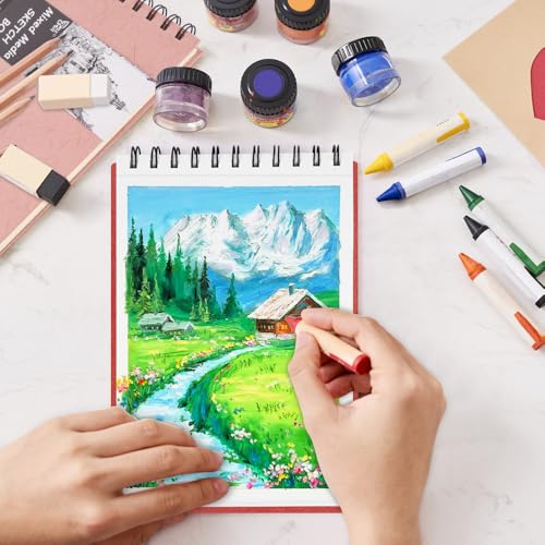 8.3x5.8 Sketch Book, Top Spiral Bound Sketch Pad, 60sheets 92lb/150gsm Bright White Paper, Acid-Free Mixed Media Paper for Painting, Dawing & Art Supplies. B-Red - color: TopSpiral-BrightWhite-Red