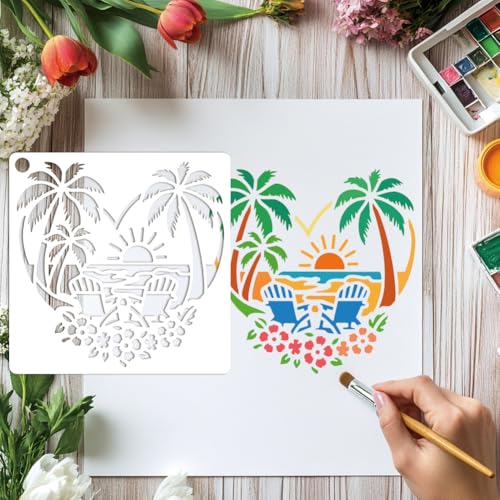 6 Sheets Love Beach Stencils for Painting, 6 Styles Palm Tree Shell Sunset Waves Wall Stencil Template Reusable Summer Coast Theme Stencils for Painting on Wall Wood Home Decor - style: Love Beach