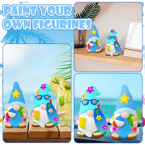 Poen 2 Pack Beach Summer Ready to Paint Your Own Gnome Statues, 4 Inches Mini Blank Ceramics to Paint Unpainted Gnome Figurines Crafts DIY for Farmhouse Gift Decor (Beach Style) - style: Beach Style
