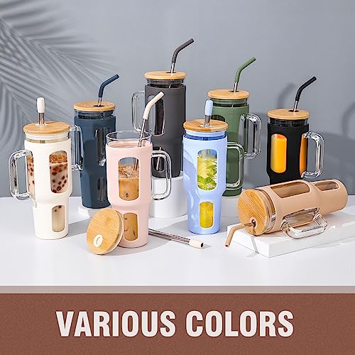 WINSA Glass Tumbler with Lid and Straw, 46 oz Iced Coffee Cup with Handle, Large Water Bottles with Silicone Sleeve, Glass Cup with Straws - Pearl Straw & Drinking Straw BPA Free-Amber - color: Amber, size: 46 Ounces