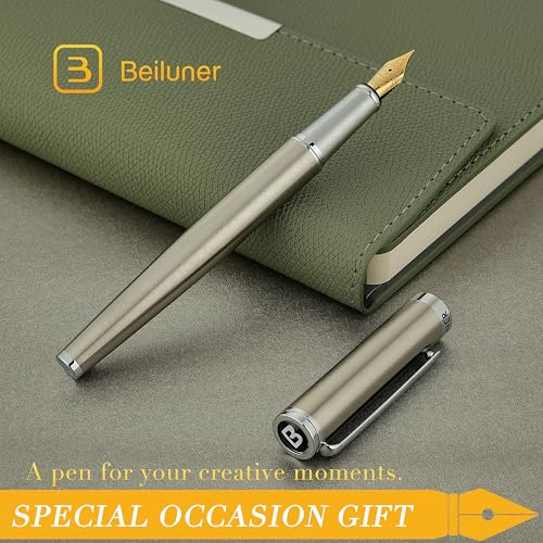 BEILUNER Luxury Fountain Pen Set, Solid 24K Gilded Fine Nib, Silver Stainless Steel Body- Includes 6 Ink Cartridges & Ink Refill Converter with Gift Case - Perfect for Men and Women - color: Silver, style: Fine Nib