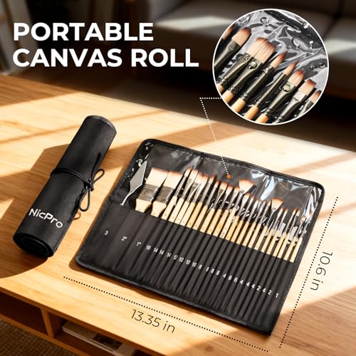 Nicpro 26pcs Paint Brush Set, Professional Paintbrushes with Palette Knife and Cloth Roll, Artist Paint Brushes for Acrylic Painting, Oil, Watercolor & Gouache, Adults Art Painting Tools Supplies - color: Burlywood