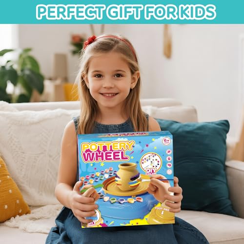 Cmiolacuna Pottery Wheel for Kids, Complete Kit with Air-Dry Clay,Ages 8-12 | Beginner pottery kit with air-dry clay, 12 paints, clay tools and apron - no kiln needed, screen-free craft gift ages 8-12 - color: Blue