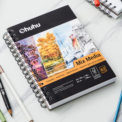 Ohuhu Mix Media Pad, 5.5" x 8.5" Mixed Media Art Sketchbook, 120 LB/200 GSM Heavyweight Papers, 62 Sheets/124 Pages, Spiral Bound Mixed Media Paper Pad for Acrylic, Painting Christmas Gift - size: 5.5" x 8.5"