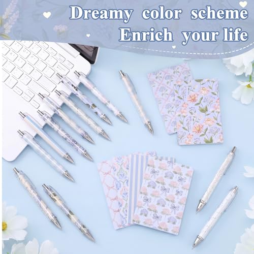 Motiskyy 24 Pcs Blue Hydrangea and Bow Floral Pens Flower Ballpoint Pens Flower Notepads Set Design Line Notebook Employee Gifts Set for Student School Office Supplies, Back to School Gift - style: Pink and White
