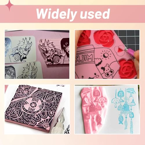 4 Pack Rubber Carving Blocks 4x6 Inch with Lino Cutter Tool Set, Soft Rubber Stamp Making Kit for Block Printing, Linoleum Blocks for Printmaking and DIY Stamp Crafts, Pink