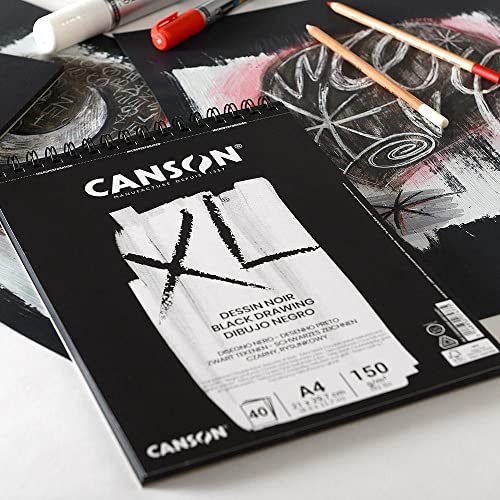 CANSON XL Black Drawing 150gsm A3 Paper, Double Sided: Grained & Smooth, Spiral Pad Short Side, 40 Black Sheets, Ideal for Professional Artists & Illustrators - size: A3