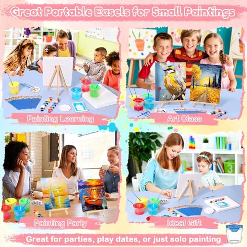 8 Pack 8x10 Inch Canvas Painting Kit, 107 PCS Canvas Boards for Painting with 50 Brushes & Paint Trays & Acrylic Paint & No Spill Cup & Apron & Tablecloth, Mini Painting Canva with Easel Set for Party - color: Rich Colors-8 pack
