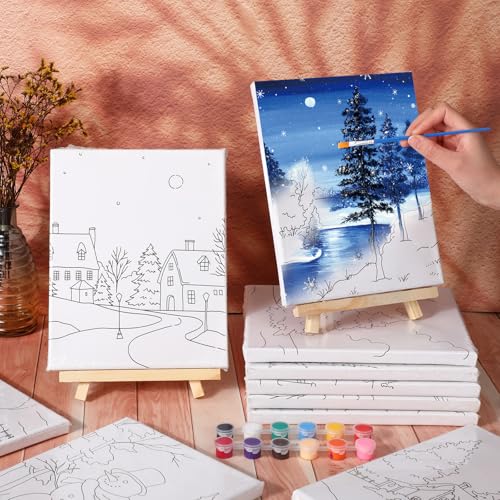 Zhanmai 72 Pcs 12 Sets Sip and Paint Kit Pre Drawn Canvas for Painting 8" x 10" Paint Party Canvas Painting Pre Printed Canvases for Party DIY Virtual Adult's Date Night(Winter Sonw) - style: Winter Sonw
