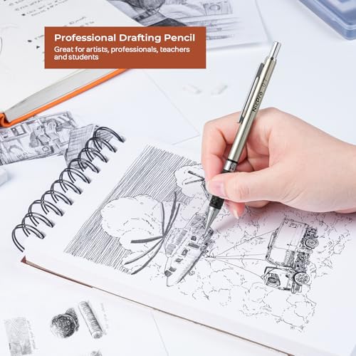Nicpro 6PCS Art Mechanical Pencil Set, 3PCS Metal Drafting Pencil 0.5 mm & 0.7 mm & 0.9 mm & 3PCS 2mm Graphite Lead Holder (2B HB 2H) For Writing, Sketching Drawing With Lead Refills Case - color: Silver