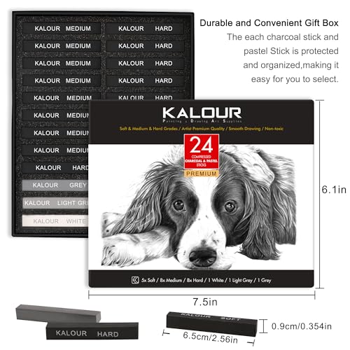 KALOUR 24 Pro Charcoal Drawing Set - Soft,Medium,Hard Charcoal and White - Charcoal Sticks for Drawing Sketching Shading - Art Supplies Gift for Artists Beginners Adults