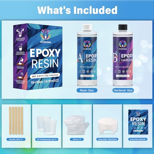 Vivresina Epoxy Resin Kit 32 OZ, Resina Epoxica for Crafts | Crystal Clear Bubble Free Art Resin, No Yellowing Self-Leveling Food Safe for DIY Jewelry Making, Casting, Molds Mix 1:1 - size: 32 OZ