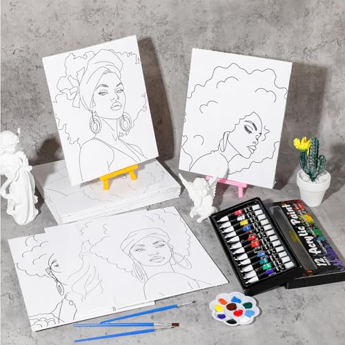 Sherr 108 Pcs 12 Set Lady Sip and Paint Kit for Adults 8''x10'' Pre Drawn Canvas to Paint DIY Acrylic Painting Kit Pre Printed Canvas for Date Night Juneteenth Party Team Building - style: Lady