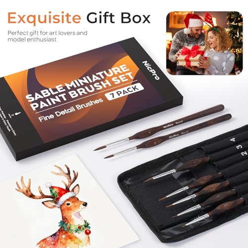 Nicpro 7pcs Kolinsky Sable Miniature Paint Brushes, Professional Fine Detail Paint Brushes with Cloth Roll, Round Point Artist Brush Set for Miniatures, Acrylic & Figures, Model, Watercolor Details - size: 7 PCS