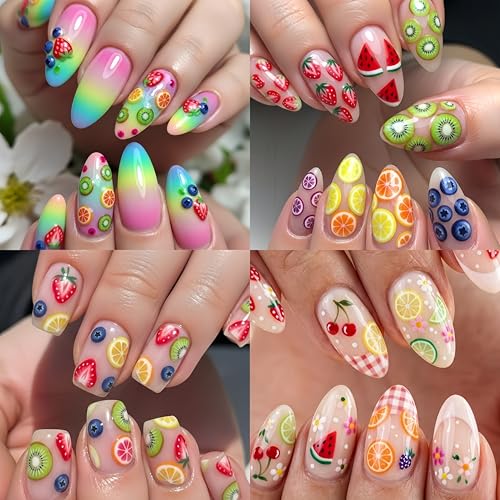 4000Pcs 3D Fruit Nail Art Slices 3D Clay Fruit Nail Rhinestones Kawaii Cartoon Grapes Watermelon Lemon Orange Nail Jewelry Strawberry Nail Gems Nail Supplies for Acrylic Nails DIY Craft Accessories - color: green