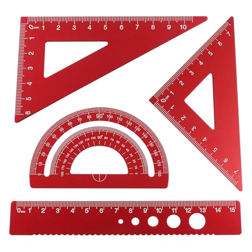 4 Pcs Triangular Ruler Set, Aluminum Alloy Geometry Tools, Metal Drafting Ruler for Students, Draftsmen, Engineers, School Office Supplies with Protractor & Metric Scales (Red) - color: Red