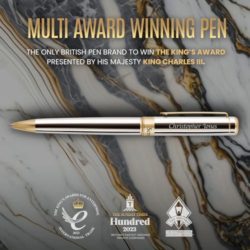 Scriveiner Personalized Silver Chrome Ballpoint Pen - Stunning Luxury Pen, Real Gold Plating, Schmidt Ink Refill, Best Engraved Ball Point Gift Set for Men & Women, Custom Name Engraving - color: 9. Silver Chrome with Gold (Personalized)