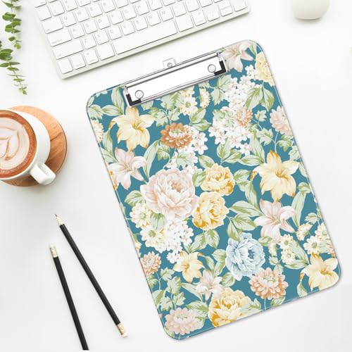 Plastic Cute Clipboard Low-Profile Metal Clip, A4 Letter Size 9 x 12.5 in, 8.5 x 11 Paper Clip Board for Teachers, Nurses, Classroom,Blue Crushed Flower - color: Blue Crushed Flower