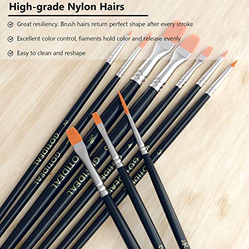 GOTIDEAL Paint Brushes,Acrylic Paint Brushes,10 Pcs Round Pointed Tip, Small Nylon Hair Brushes for Acrylic, Oil and Gouache,Body, Face Nail Art and Rock Painting, Perfect for Kids & Adult