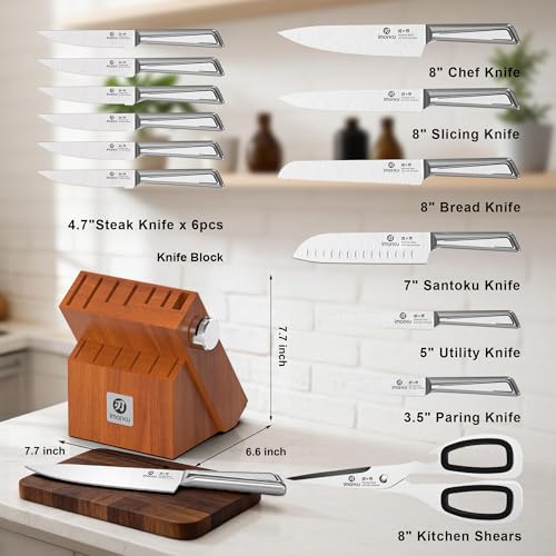 imarku High Carbon Stainless Steel Gyutou Knife Set with Block, Precision-Forged Razor Sharp 10–15° Edge, Ergonomic Non-Slip Handle, Built-in Sharpener, Brown, Best Gift Choice, Cooking Enthusiasts - color: Silver/Brown