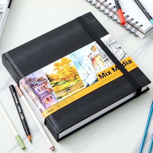 Ohuhu Mixed Media Pad - 8.3" x 8.3" Square Mix Media Sketchbook, 120 LB/200 GSM Heavyweight Papers, 78 Sheets/156 Pages, PU Hardcover Multi-Media Paper Pad for Acrylic Painting Christmas Gift - size: 8.3" x 8.3"