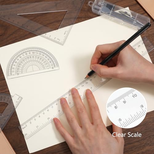 7 Pcs Geometry Ruler Protractor Compass Geometry Tool, Math Ruler Kit with 1 Metal Compass, Precision Drawing Tools for Drafting Architect Engineering