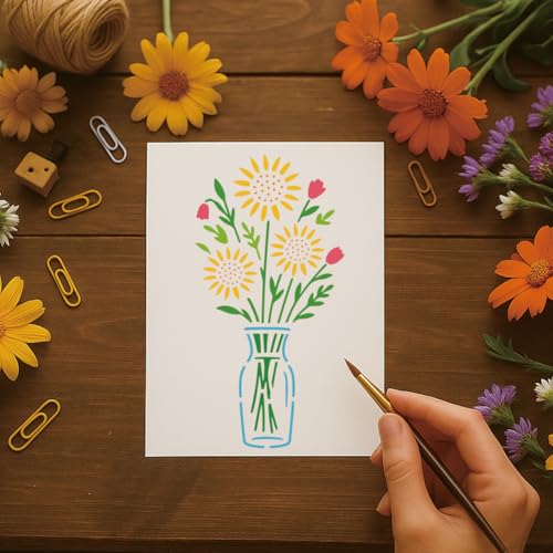 12 Sheets Vase Bouquet Painting Stencils, 12 Styles Roses Sunflowers Tulips Drawing Templates Wildflower Reusable PET Art Stencils for Painting on Wall Wood Home Decor - style: Vase Bouquet