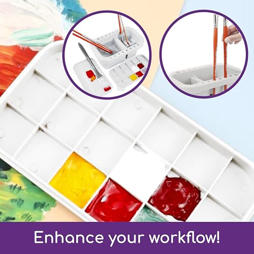 Paint Brush Organizer Kit - Portable Cleaner & Holder with Lid, 18-Well Palette, Multi-Use Rinse Cup for Acrylic, Watercolor, Water-Based Paints - White Plastic Utility Tray