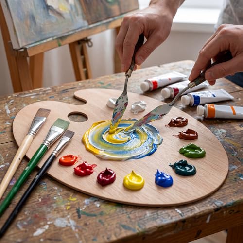 6 Pack Wooden Paint Palette, Large Oval Artist Palettes 15.7 x 11.8 Inch, Natural Wood Color Mixing Tray with Thumb Hole for Acrylic, Oil, Watercolor Painting, DIY Craft and Art Supplies