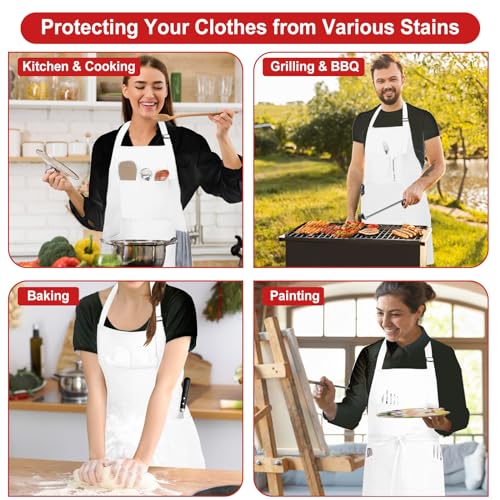 SHEOMERN 3 Pcs Dual Waterproof Oilproof Kitchen Chef Aprons with 4 Pockets for Men Women, Adjustable Soft Anti-Tear Cooking Bib Apron for Baking Grilling BBQ Painting Cleaning (White) - color: White