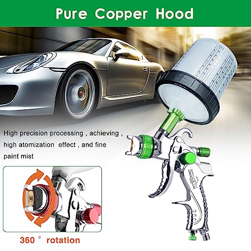 HVLP Paint Gun with 1.4/1.7/2.0mm Nozzles,Air Spray Paint Gun w/10pcs 20 Ounce Mixing Cup and Lids & Air Pressure Gauge for Car Painting,Furniture Surface Spraying (Green) - color: Green