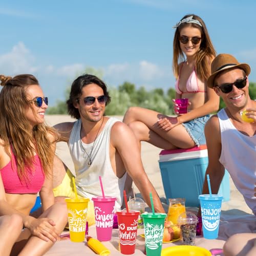 JarThenaAMCS 24 Pcs Summer Plastic Cups with Straw Lid 24 oz Cold Cups 6 Design Colorful Beach Party Plastic Tumbler for Summer Pool Party Home Office Supplies