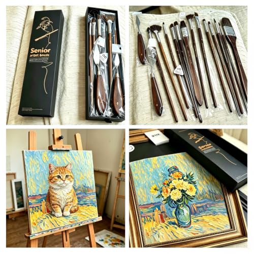 15Pcs Professional Oil Paint Brush Set with Palette Knives, Natural Badger Hair Blending Brushes, Ergonomic Birch Wood Handle for Acrylic, Oil and Gouache Painting, Artists and Beginners