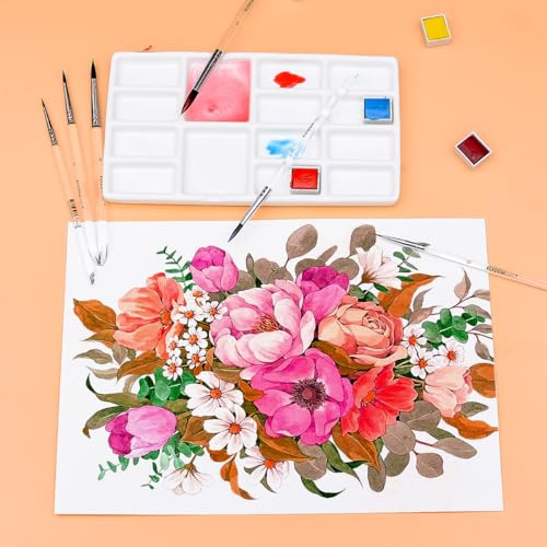 Watercolor Paint Brushes Set,Detail Line Brush,Short Handle Brushes, Soft Synthetic Hair, Pointed Round Mop Brush for Watercolor, Acrylic, Gouache, Aquarelle & Oil Painting, 6 Pcs Set