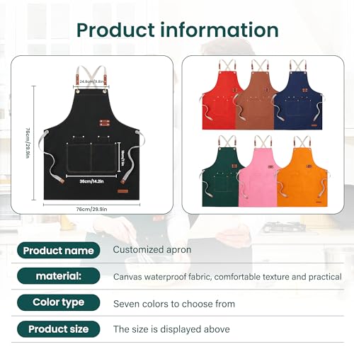 Personalized Waterproof Canvas Apron Custom Logo - Heavy Duty Cross Back 4 Pockets for Men Women Chef Barista - color: Brown 1