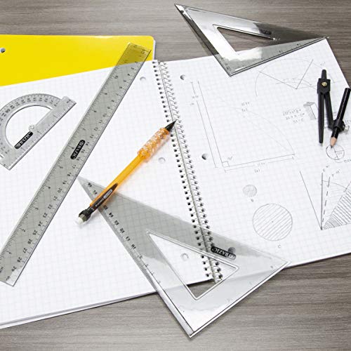 BAZIC Math Geometry Set 5 Pieces, Compass, Protractor, Ruler, 2 Triangle Rulers, Plastic Clear Measuring Sets for Students Professional, 1-Pack | 4-piece geometry set (12 in ruler; 30/60 and 45/90 triangles; 180-degree protractor) plus a compass