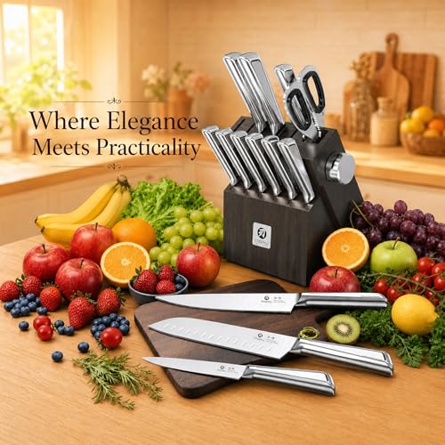 imarku 14-Piece Knife Set with Block, One Set for Meat, Fish, Veggies & Bread, Glides Through Every Cut, High Carbon Stainless Steel with Built-in Sharpener, Dishwasher Safe, utility knives - color: Black, size: 14 Pcs