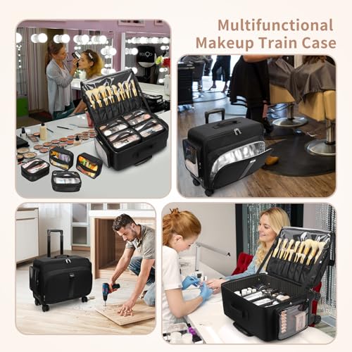 Bagmoly Rolling Makeup Case with 8 Removable Makeup Bags, Makeup Train Case on Wheels Cosmetology Case, Professional Makeup Artist Set Bags Trolley Suitcase Makeup Cart with Adjustable Dividers - color: 03-Black with 8 clear makeup bags