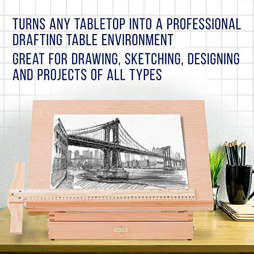 U.S. Art Supply Large 20-1/2" x 16" Wooden Drawing Board, Adjustable Table Top Easel for Painting and Drawing - Drafting Board with 5 Angles, T-Square, Pencil Ledge, Locking Storage Drawer