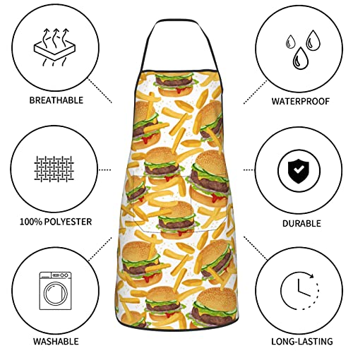Mexican Floral Aprons, Waterproof Adjustable Apron for Kitchen Bbq with 2 Pockets, Gifts for Women Men - color: Delicious Burger and Fries