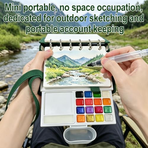 Travel Watercolor Set, 16 Colors Standard (8 Matte & 8 Shimmer), Mini Paint Kit with 30-Sheet 300G Cotton Sketchbook, Detachable Palette, Water Cup & Water Brush, Green - color: Green