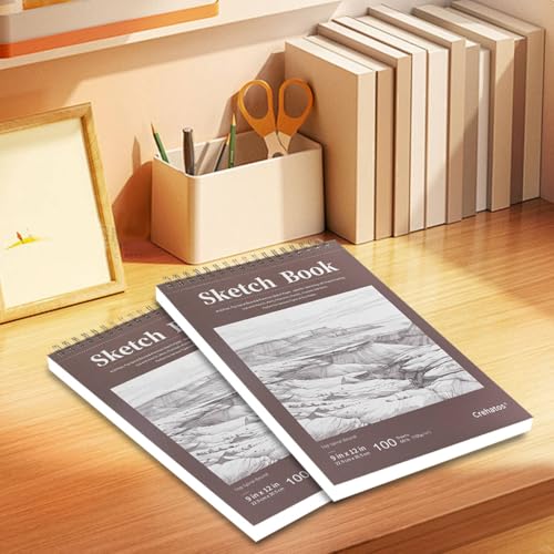 Crehatos 9" x 12" Sketch Book, Top Spiral Bound Sketch Pad, 100 Sheets Each 68lb/100gsm Drawing Paper, 2 Pack - size: 9" x 12" (2 Pack)