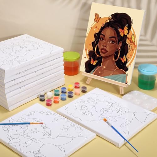 Zhanmai 72 Pcs 12 Sets Sip and Paint Kit Pre Drawn Canvas for Painting 8" x 10" Paint Party Canvas Painting Pre Printed Canvases for Party DIY Virtual Adult's Date Night(Charming Women) - style: :Charming Lady