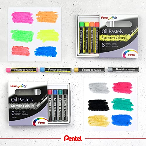 Pentel Fluorescent and Metallic Oil Pastels Set of 12 Assorted Colours, PHN-MF12