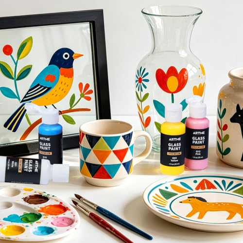 Artme 20 Colors Stained Glass Paint Set with 6 Brushes, Waterproof Permanent Acrylic Ceramic & Glass Painting Kit for Beginners and Artists Painting on Wine Glasses Ceramic Window(30ml/1oz)