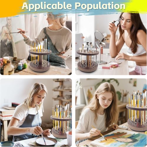 360° Rotating Hardwood Paint Brush Holder, Artist Desktop Storage Organizer - color: brown(52 Holes)