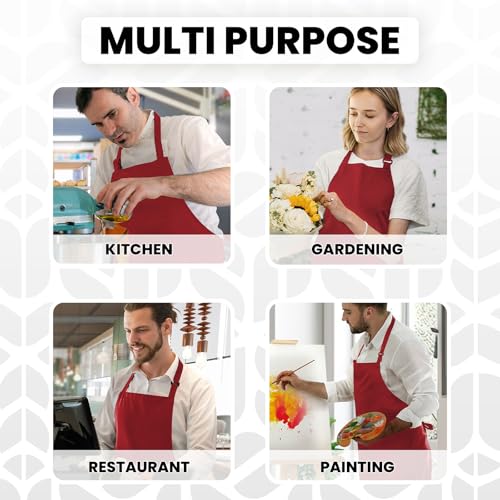 Adjustable Bib Apron 100% Polyester Kitchen Aprons Waterdrop Resistant Aprons with Adjustable Strap, Pockets & Long Ties - color: Red, style: Pack of 2