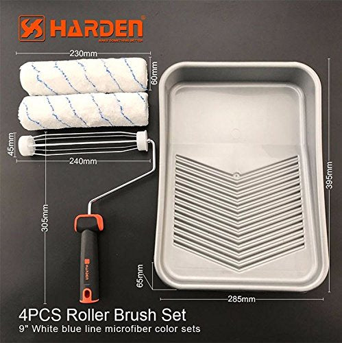 Harden Professional Microfiber Paint Roller Set (4pc) – 9" Roller Kit with 2 Polyester & Acrylic Covers, Silver PP Tray & Ergonomic TPR Handle – Ideal for Walls, Ceilings & All Paint Types